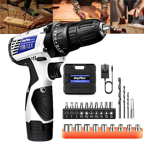 Cordless Electric Screwdriver Drill - 18+1 Torque, 45N.m Max, 26PCS Drill Bits, 3/8 Chuck, LED Work Light, 2 Variable Speed 0-400/1400rpm, 2x1300mAh Battery