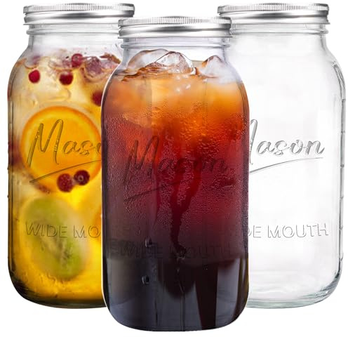 Galssmagic 64 oz Mason Jar Wide Mouth,3 Pack Large Half Gallon Mason Jars with Airtight Lid,Big Glass Jars for Canning,Pickling,Fermenting,Storing
