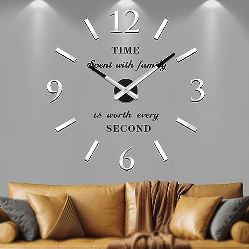 Vangold Moderne Mute 3D DIY Große wanduhren XXL Aufkleber Wand Uhr für Home Office Dekoration Geschenk (Silber Schwarz-104)