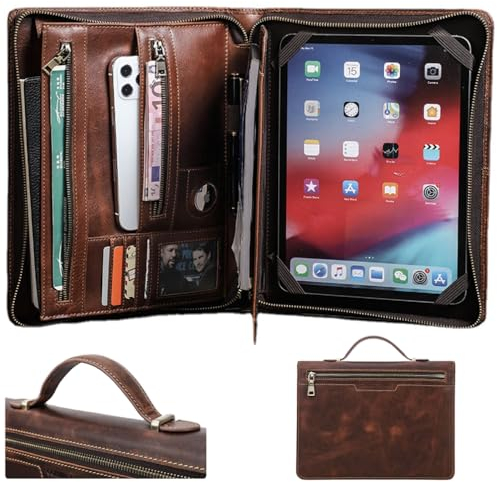 YY GEWETAO Leder-Padfolio für iPad Pro 27,9 cm, Portfolio mit AirTag-Organizer, Reißverschluss-Folio für Männer und Frauen, echtes Leder, Binder, Geschäfts-Lebenslauf, legal, Notizbuch, für A4/Pad