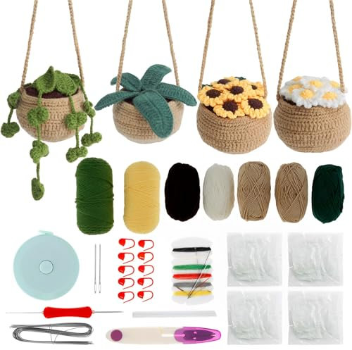 Sutowe Crochet Kit for Beginners Complete Crochet Knitting Kit Hanging Potted Plants Crochet Starter Pack with 7 Yarns Filler DIY Crochet Craft Kit with Step-by-Step Tutorials for Adults