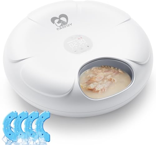 Casfuy Futterautomat Katze für feuchtes Nassfutter mit 4 Kühlakkus, wiederaufladbarer Auto-Futterautomat für Katzen und kleine Hunde mit programmierbarem Timer und niedrigem Batteriestatus-Anzeige