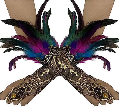 ihreesy 1 Paar Damen Feder Spitze Lange Handschuhe, Vintage Feder Manschette Fingerlose Handschuhe Manschetten Spitzenhandschuhe Armkette für Halloween-Rollenspielparty,Bunt
