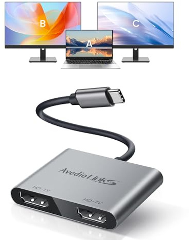 avedio links USB C zu HDMI Adapter, 4K hdmi Splitter 1 in 2 Out Extended Display, Type C to HDMI Splitter for Dual Monitors, MST (Extend Different Screen) Only for Windows, Not for Mac OS
