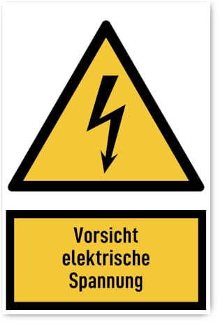 Aufkleber: 300x200 mm, 1 Stück - Vorsicht elektrische Spannung - Warnzeichen mit Text (deutsch) (gelb/schwarz) - hochkant - W012 - DIN EN ISO 7010 / ASR A1.3