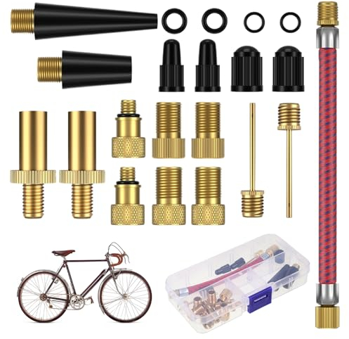 Fahrradventil Adapter Set,21 Teile Kompressor Ventiladapter Luftpumpe AV Adapter Auto ventilAdapter und französisches Ventil Adapter Kegel Adaptern Ballnadeln für SV AV DV Alle Fahrradpumpe Luftpumpe