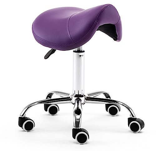 Lila Sattelhocker Rollhocker Stuhl für Zahnarzt Friseur, 360° drehbarer Sattelstuhl Hocker mit Rollen, ergonomischer Kosmetikerhocker
