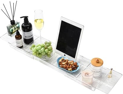 Koelaa Bandeja para Bañera Acrílica Extensible - Estante Ajustable para Bañera para Copa de Vino, Velas, Libros y Productos de Baño - Organizador de Baño Resistente al Agua - Transparente