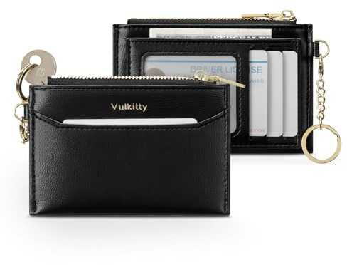 Vulkitty Slim Kartenetui Damen mit Schlüsselanhänger und Ausweisfenster, Minimalistisches Portemonnaie mit RFID-Schutz für Karten, Geldscheine, Schlüssel und Münzen, Schwarz