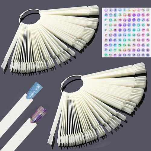 Hedmedum 100pcs Presentoir Ongles Nnuancier Maquillage Nuancier Ongles Couleur eventail Forme Batonnets Transparent Outil de Nail Art avec Autocollants De Numéro 1-180 (Blanc)