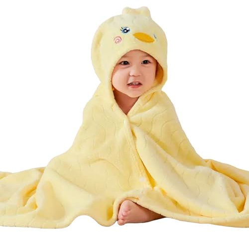 Kapuzenhandtuch Baby 70x140 cm- Korallenvlies Weich Baby Handtuch Kapuze-Niedliche Tier Badetuch Baby mit Kapuze für Baby Jungen Und Mädchen,Gelb