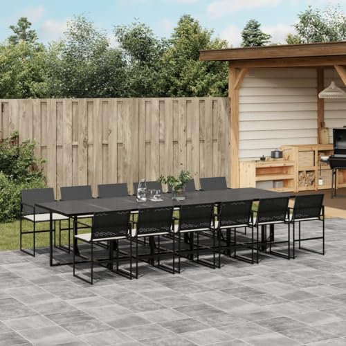 Somanki 13-TLG. Garten-Essgruppe mit Kissen Schwarz Poly Rattan, Esstisch Mit Stühlen Set, Gartenmöbel Sitzgruppe, Balkon Möbel, Gartenlounge Set, Terrassenmöbel, Balkonmöbel Set - 3295062