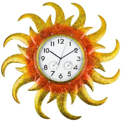 HOBYLUBY Große Outdoor-Uhr, leise, nicht tickend, Sonne, Outdoor-Wanduhr mit Thermometer und Hygrometer, Kombi-Außenuhr für Terrasse, Heimdekoration (gelb)