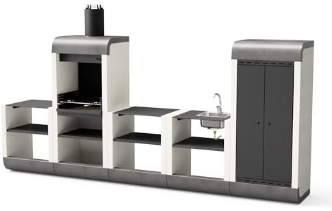 MAESTRO FERRETERO TUOZI Sud Plus Outdoor-Küche, Modularer Grill mit Edelstahl-Grill, Kamin, Spüle und Aufbewahrungsregal (405 x 60 x 220 cm)
