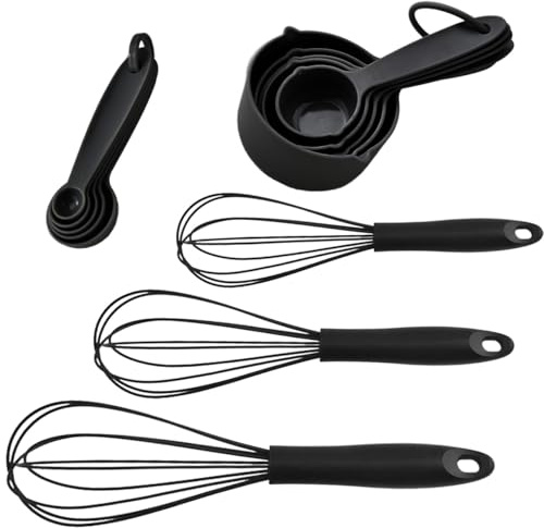 Silicone Whisk 3pc with Measuring Spoons & Cups, Heat Resistant Balloon Whisks, Dishwasher Safe BPA Free Waterproof & Non Scratch for Cooking, Whisking, Baking, Beating Eggs & Cake Batter