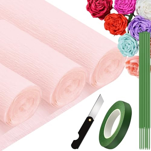 3 Rollen Krepppapier Blassrosa 25x250cm, Crepe Papier Hellrosa für Handwerke, Krepppapier Rosa für Geburtstag, Hochzeiten, Valentinstag-Dekorationen (Blassrosa)