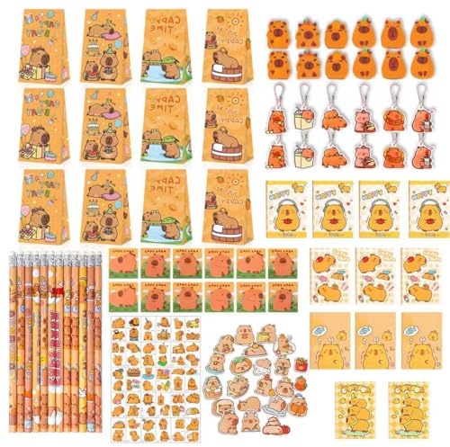 FACLJSSX Capybara Party Favor, Capybara Party Bags, Capybara Gift Bags Tattoos Stickers Keychain Pencils Erasers Notebooks for Capybara Birthday Party Decorations