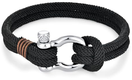 BIYONGDE Mens Womens Nautical Sailor Rope Bracelet, Two-row Friendship Bracelet with Steel Screw Anchor Shackles (Classic Black with Brown Stripe)