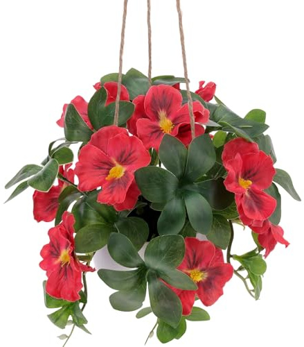 Woration Fake Begonia Hanging Flower Artificial Silk Plastic Floral Faux Plant Potted Summer Spring Plants Decoration Front Porch Patio Home Decor - Red
