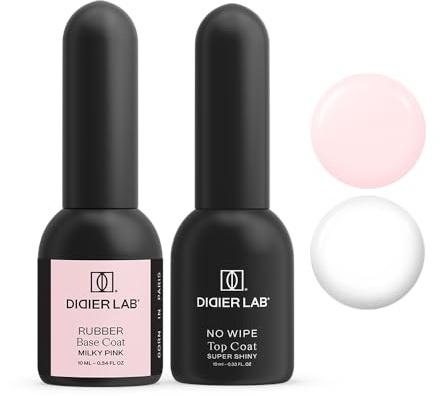 DIDIER LAB - Base Coat Top Coat UV - Rubber Base Gel Milky Pink - No Wipe Top Coat Gel UV Super Shiny - LED UV Nagellack Set - HEMA und TPO-frei - Stärkt Schwache Nägel - Lang anhaltend - Gellack Set
