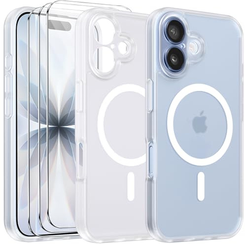 Funda Magnética para iPhone 17 6,3 Pulgadas, con 3 Piezas Vidrio Templado Protector de Pantalla y Marco de Instalación Fácil, Compatible MagSafe, Carcasa Respaldo Translúcida - Transparente Mate