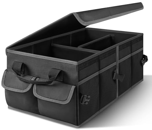 Kofferraum Organizer, faltbare Kofferraumtasche mit Deckel, Auto Kofferraum Organizer mit herausnehmbaren Trennwänden, ausgestattet mit rutschfester Basis und Klettverschluss