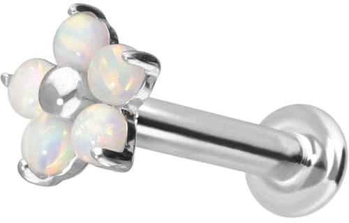 PIERCINGLINE Gold Ohr-Piercing Labret mit Innengewinde BLUME + 5 SYNTHETISCHE OPALE 14 KARAT Weißgold (rhodiniert) 1,2 x 9 mm