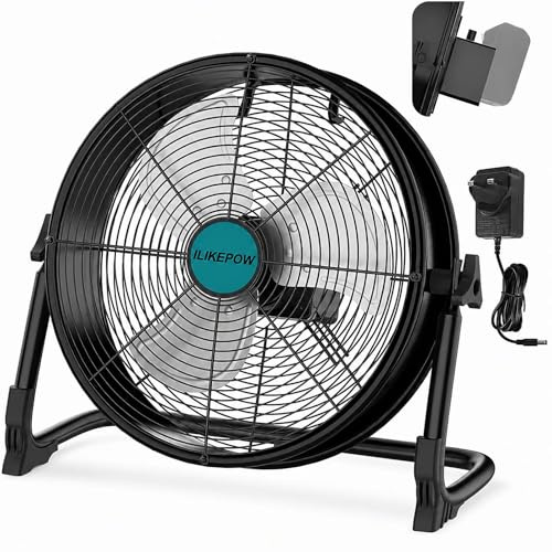 ILIKEPOW Cordless Floor Fan Compatible with Makita 18V Batteries, 16 inch Portable Industrial Fan with Plug-in & Battery Dual Power and UK Plug Adapter, Powerful Fan for Garage, Workshop, Loft & Van