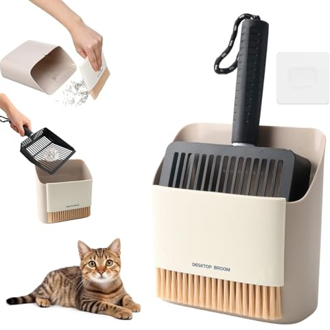 XHYASD Kattlåda, spade, set av rostfritt stål, 3-delad kattströspade, metall med behållare och rengöringsborste, ergonomisk kattspade för kattsand och kattlåda