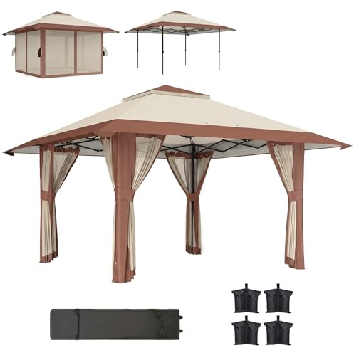 Outsunny Tonnelle Pliante 4 x 4 m, parois en Filet et Protection UV50+, Barnum avec Hauteur réglable et Double Toit, Tente de réception avec Sac de Transport à roulettes et 4 Sacs de lestage, Beige
