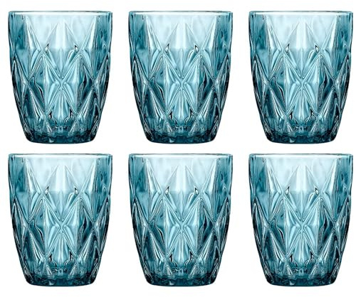 Pack 6 Vasos de Cristal Azul 300 ml – Vasos para Agua y Refrescos Diseño Diamante, Cristal Resistente – Aptos Lavavajillas, No Pierden Brillo – Vasos Apilables Elegantes para Mesa, Cocina y Cócteles