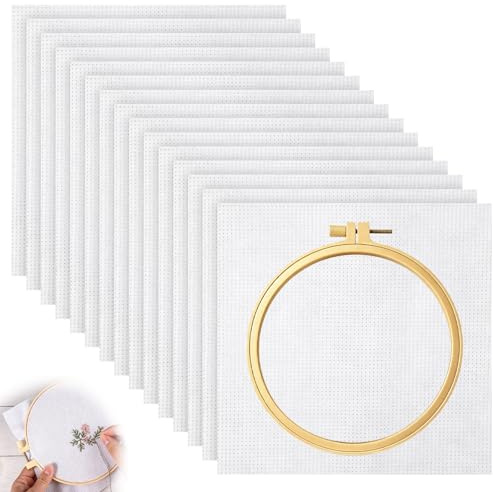 15 Stück Kreuzstich Stoff, Sticken Stoff mit Stickrahmen, 14 Count Baumwolle Stickerei, Stramin zum Sticken, Embroidery Fabric Geeignet für Diy-Bastelprojekte Stickerei Nähen und Kreative Handarbeiten
