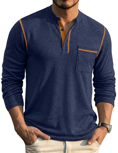 COOFANDY Henleyshirt herr långärmad t-shirts | 3-knappslist, T-shirts med fickor, T-shirt med knapprad, räfflad hals, mikrofleece-tyg, fritid, arbete