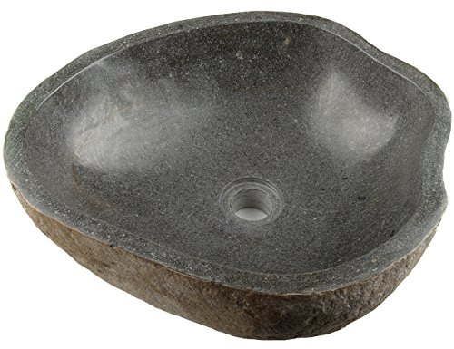 Naturstein Waschbecken Aufsatzwaschbecken Vulkanstein Andesit grau 45 cm | 40 - 50 kg Findling handpoliert ca 45 x 45 x 15 cm Unikat natürliche Maserung Bad Gäste-WC