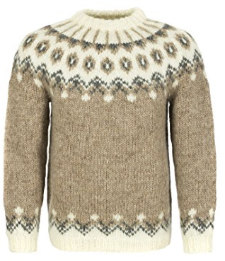 Handgestrickter Damen Islandpullover - Dicker Wollpullover mit Rundhals - beige/braun - Gr. L