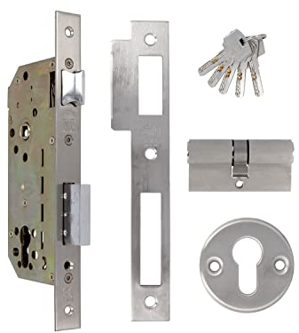 Amig - Serratura da mbutir Mod.340 con cilindro di sicurezza e blocco + 5 chiavi | Per porte in legno di ingresso | Maniglia reversibile | Per maniglie da 8 mm | in acciaio inossidabile