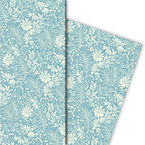Kartenkaufrausch Zartes Blumen Geschenkpapier Set mit Wiesen Blüten auch zur Hochzeit, Taufe, hellblaue Geschenkverpackung, DIY Projekte, Basteln, 4 Bogen, 32 x 48cm Dekorpapier, Musterpapier