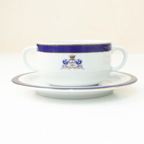 FranquiHOgar | Ensemble de tasses à consomé pour 6 porcelaine blanche avec bouclier classique | 12 pièces | Fil d'or et bleu cobalt | Ustensiles de table