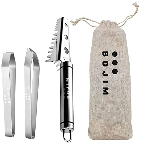 B D J I M [Original] Ecailleur à Poisson professionnel en inox avec 2 Dents de Scie Inox -ecailleur poisson- 2 Pinces à désarêter Offertes + Ebook offert de 5 délicieuses recettes à base de poisson
