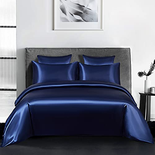 AShanlan Satin Bettwäsche 135x200 Blau Glänzend Bettwäsche-Sets Glatt Angenehm Glanzsatin Seiden Bettbezug 135 x 200 + Kissenbezug 80x80 cm mit Reißverschluss