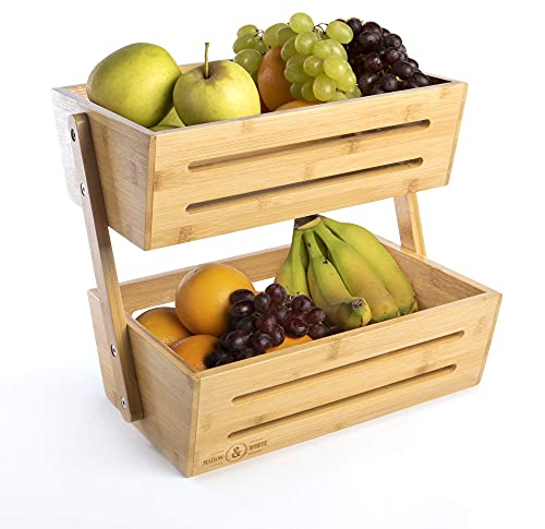 Bamboo Fruit Basket 2-Tier | Vegetable Rack Countertop Storage | Wooden Kitchen Organiser Stand | Breathable Open Design | Natural | M&W