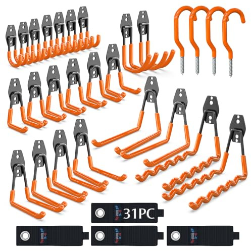 3-H Ganci da Garage Resistenti, Confezione da 31, Ganci in Acciaio per Garage, Montaggio a Parete e Organizer per Attrezzi Antiscivolo per Organizzare Scale, Sorde, Biciclette, Cavi