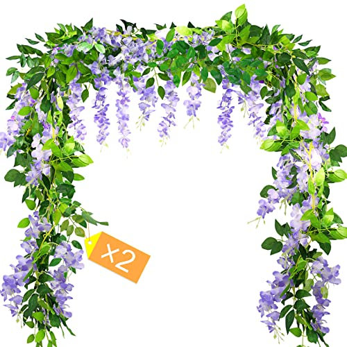 MOTONG Artificial Flowers Decoration, 2 Pcs (2M/7FT/Piecs) Fake Flowers Artificial Wisteria Vines, Artificial Vine Garland Plants Arts For Ceremony Home Garden Wedding Party Decoration(Purple)