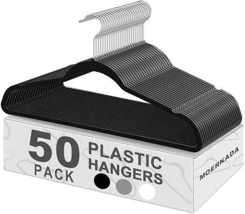 MOERKADA Hangers 50 Pack,Ultra-Thin Plastic Clothes Hangers (17.7 Inch) - Space-Saving Slim Hangers with Non-Slip Grooves for Wardrobe, Closet & Dorm Organization(Black)