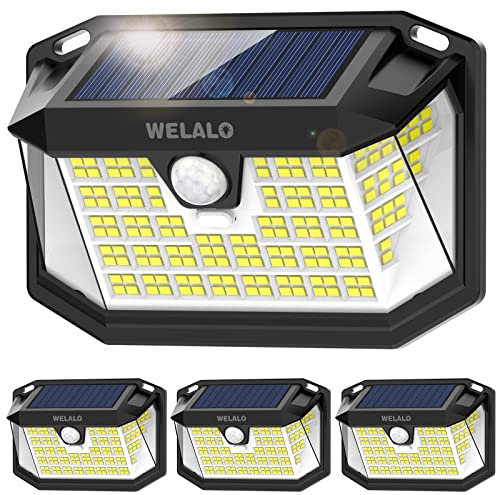 WELALO Solar Security Lights, 188 LED Solar Motion Sensor Lights, IP65 Waterproof Solar Lights Outdoor Garden, 3 Modes PIR Solar Powered Wall Lights for Outside Garden Fence Door Yard (4 Pack)