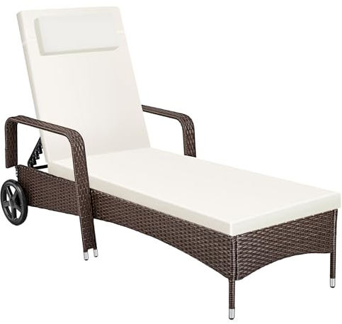 tectake Poly Rattan Gartenliege mit Rollen, 6-Fach höhenverstellbarer Liegestuhl, bis 120kg belastbar, Sonnenliege Rattan (wetterfest), Liege inkl. Polster und Kissen - braun gemischt
