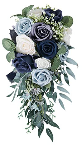 Milageto Romantischer s-Brautstrauß Rosen-Bündel Wasserfall-geblumter handgemachter künstlicher Halte-strauß für Kirchendekorationen, Blau
