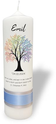 Taufkerze Lebensbaum mit bunten Blaettern (Regenbogenfarben)
