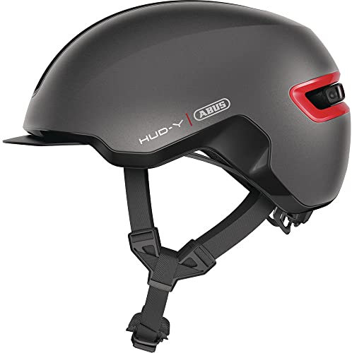 ABUS Urban Helm HUD-Y - mit magnetischem, aufladbarem LED-Rücklicht & Magnetverschluss - cooler Fahrradhelm für den Alltag - Damen und Herren - Titan/Rot Matt, Größe S, S (51-55 cm)