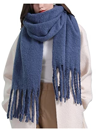 Whoiy Kaschmir Schal Damen Blau, Winter Schal Männer Langer Fester Schal mit Quaste 220X50cm Warmer Winterschal-Poncho